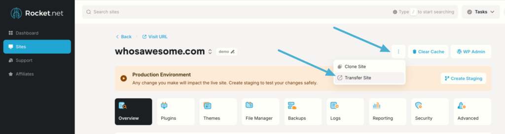 Introducing: Self-Serve Site Transfers Between Accounts 1 Now you can initiate a site transfer directly from the Rocket.net control panel conveniently without unnecessary delays